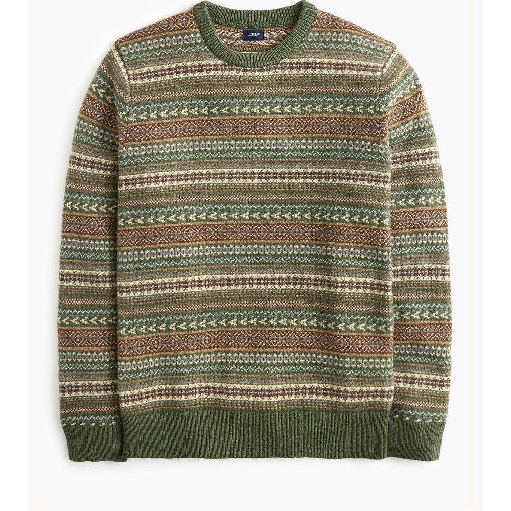 J Crew Mens Fair Isle Crewneck Sweater Olive Green Brown Knit CO387 Size L NWT